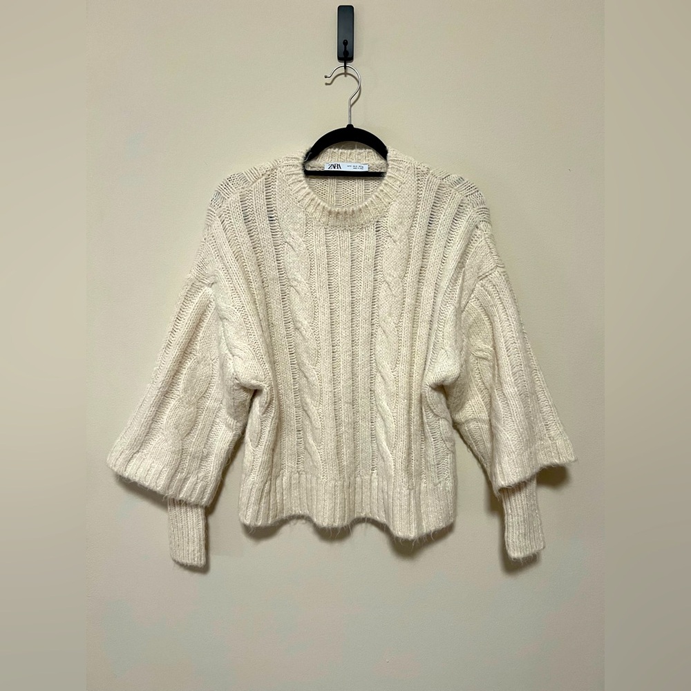 Zara Cable Knit Bell Sleeve Sweater - Cream, small